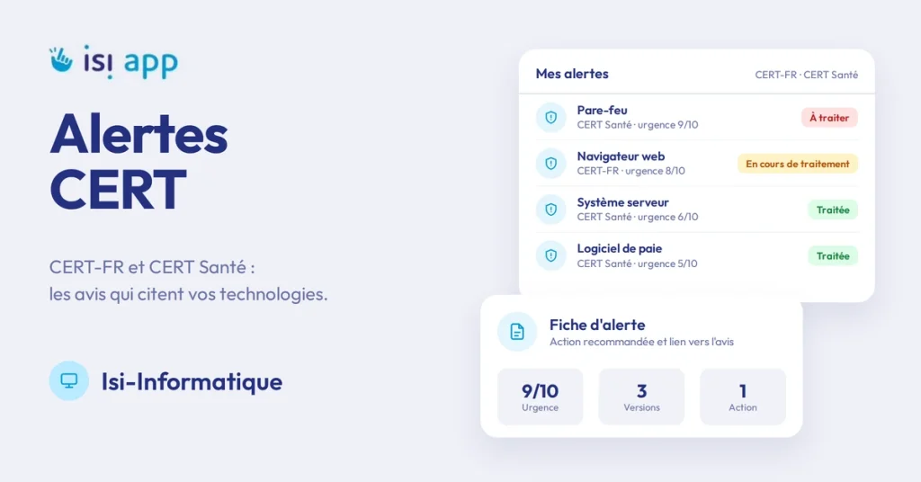 Alertes CERT dans Isi-Informatique : onglet Mes alertes avec source, niveau d'urgence et statut de traitement