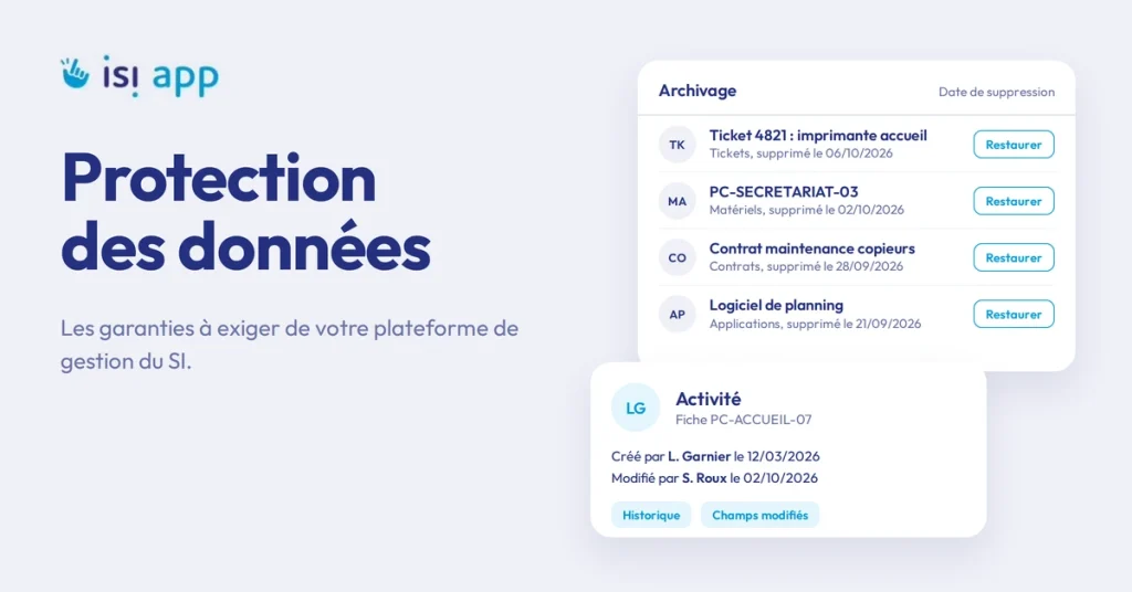 Protection des données dans Isi-APP : maquette de l'écran Archivage et du panneau Activité