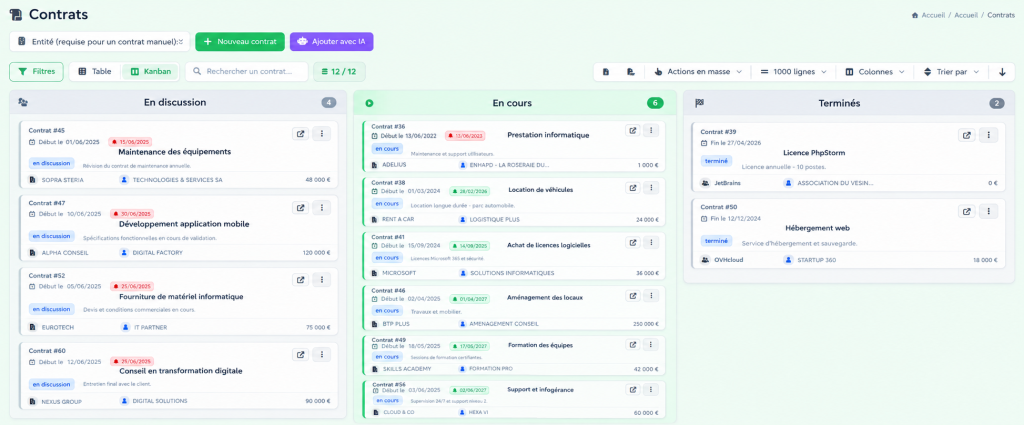 Gestion des contrats dans Isi-APP : vue Kanban avec les colonnes En discussion, En cours et Terminés