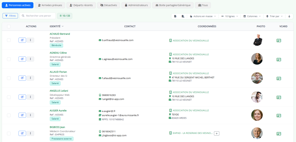 Annuaire des personnes Isi-APP avec ses onglets : collaborateurs actifs, arrivées prévues, départs récents