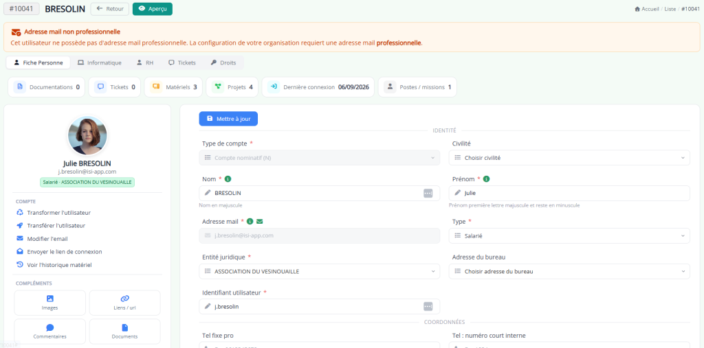 Fiche collaborateur de l'annuaire des personnes Isi-APP, avec ses compteurs