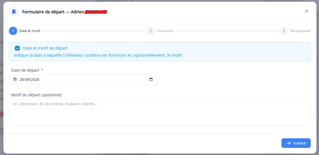 Étape 2 du formulaire de départ utilisateur : notification RH et informatique