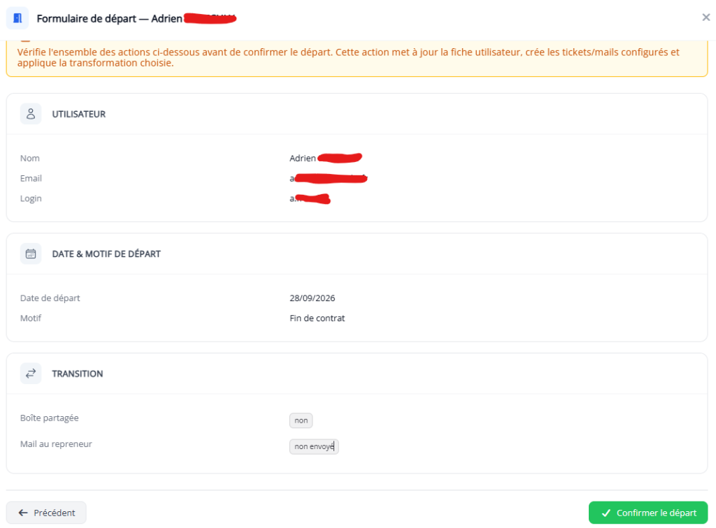 Récapitulatif avant confirmation du départ dans Isi-Identité